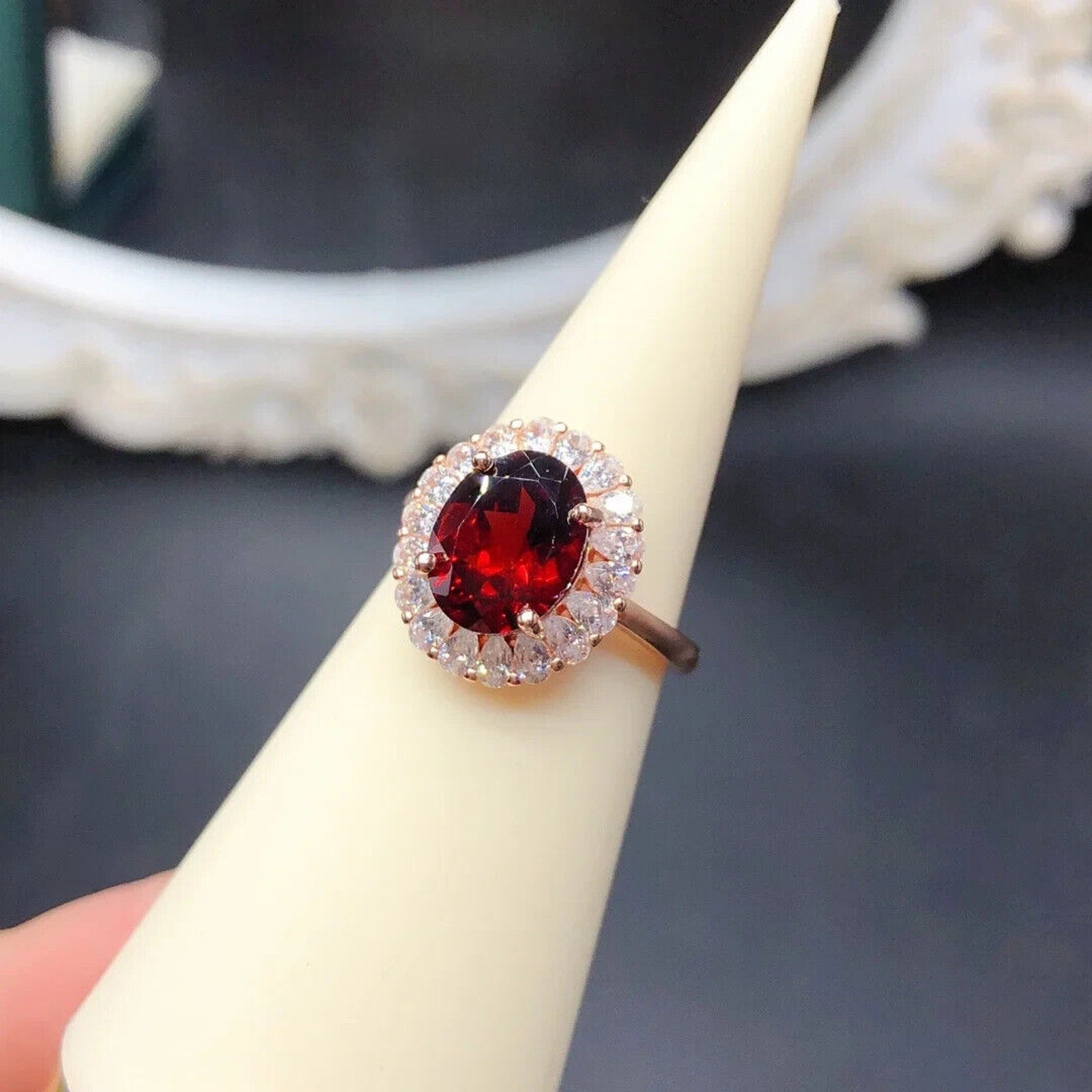 Red Garnet Cluster Statement Ring 8x10mm Platinum Pated Sterling Silver