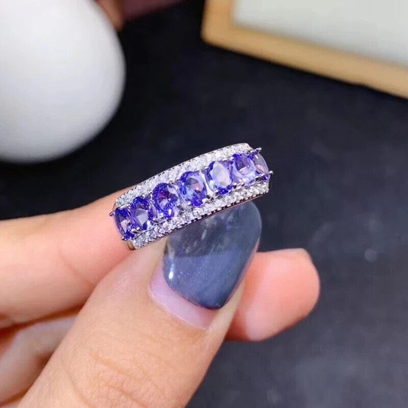 Natural Purple Tanzanite Band Ring 3x4mm Platinum Plated, Tanzanite Band Ring