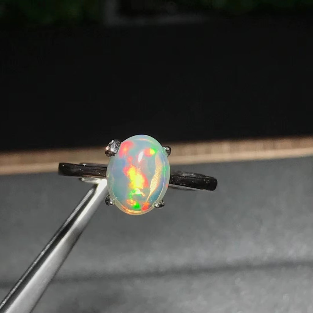 Rainbow Fire Opal Solitaire Ring 925 Sterling Silver Natural Fire Opal 7x9mm