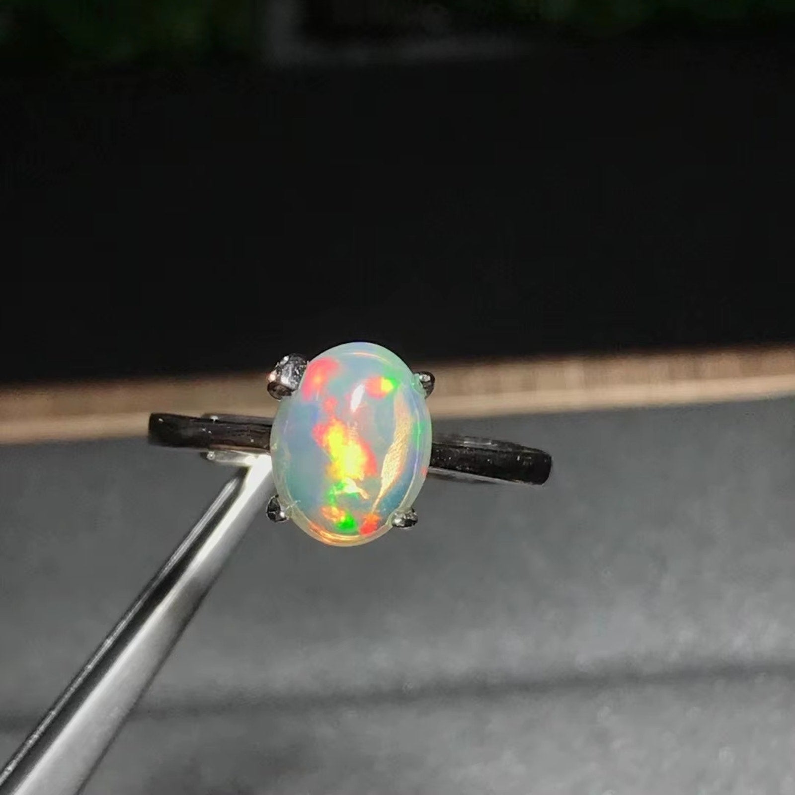 Rainbow Fire Opal Solitaire Ring 925 Sterling Silver Natural Fire Opal 7x9mm