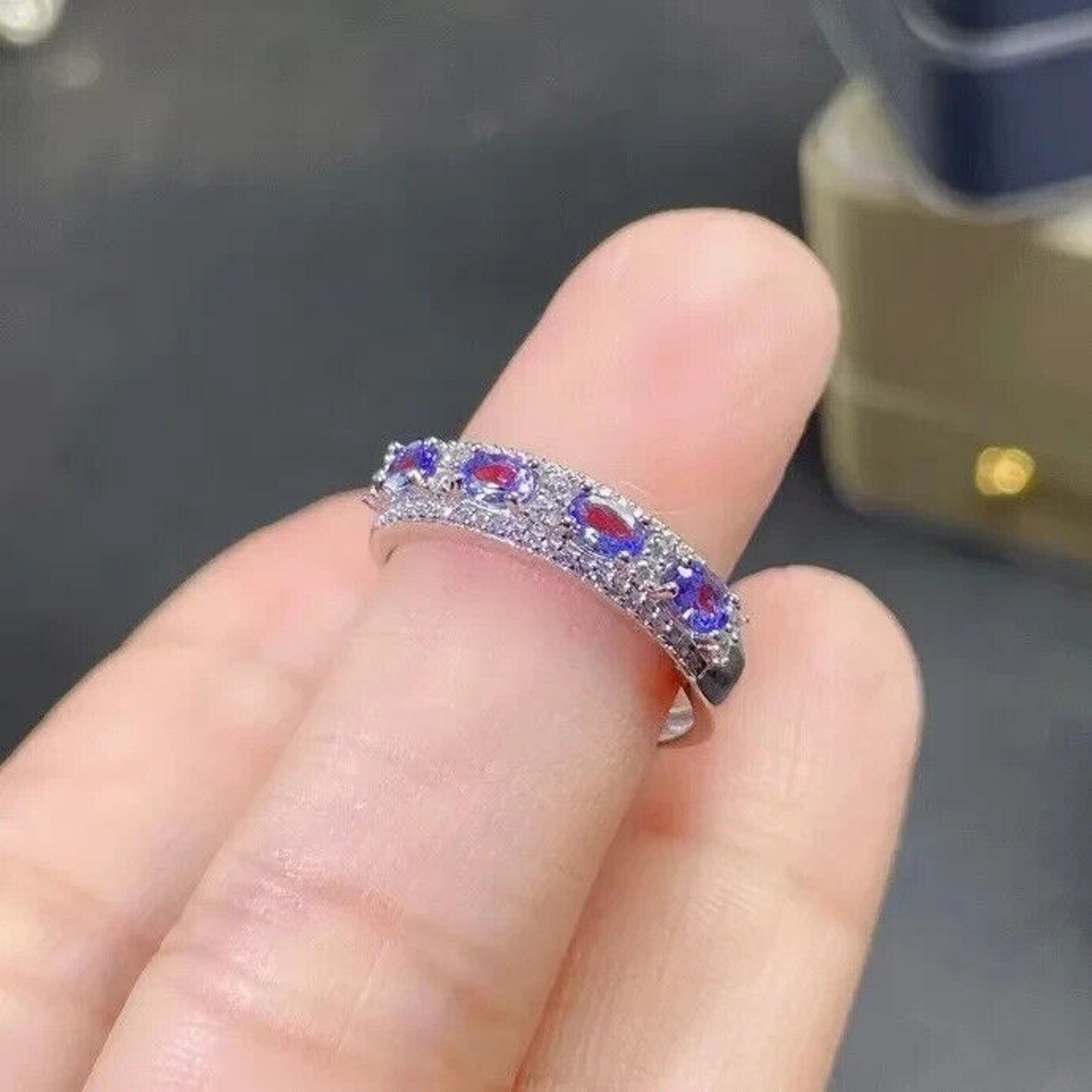 Natural Purple Tanzanite Band Ring 3x4mm Platinum Plated, Tanzanite Band Ring