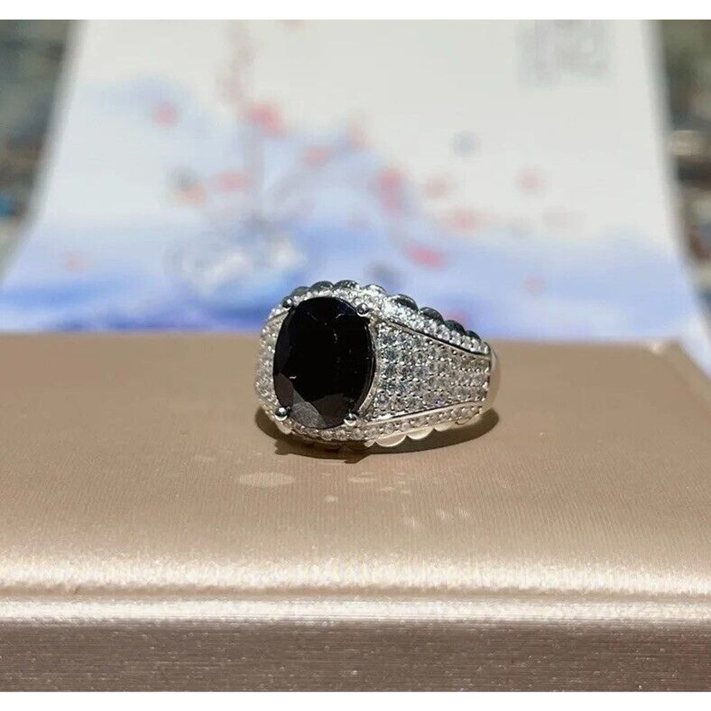 Mens Black Sapphire Cocktail Ring 8x10mm, Mens Sapphire Gemstone Rings