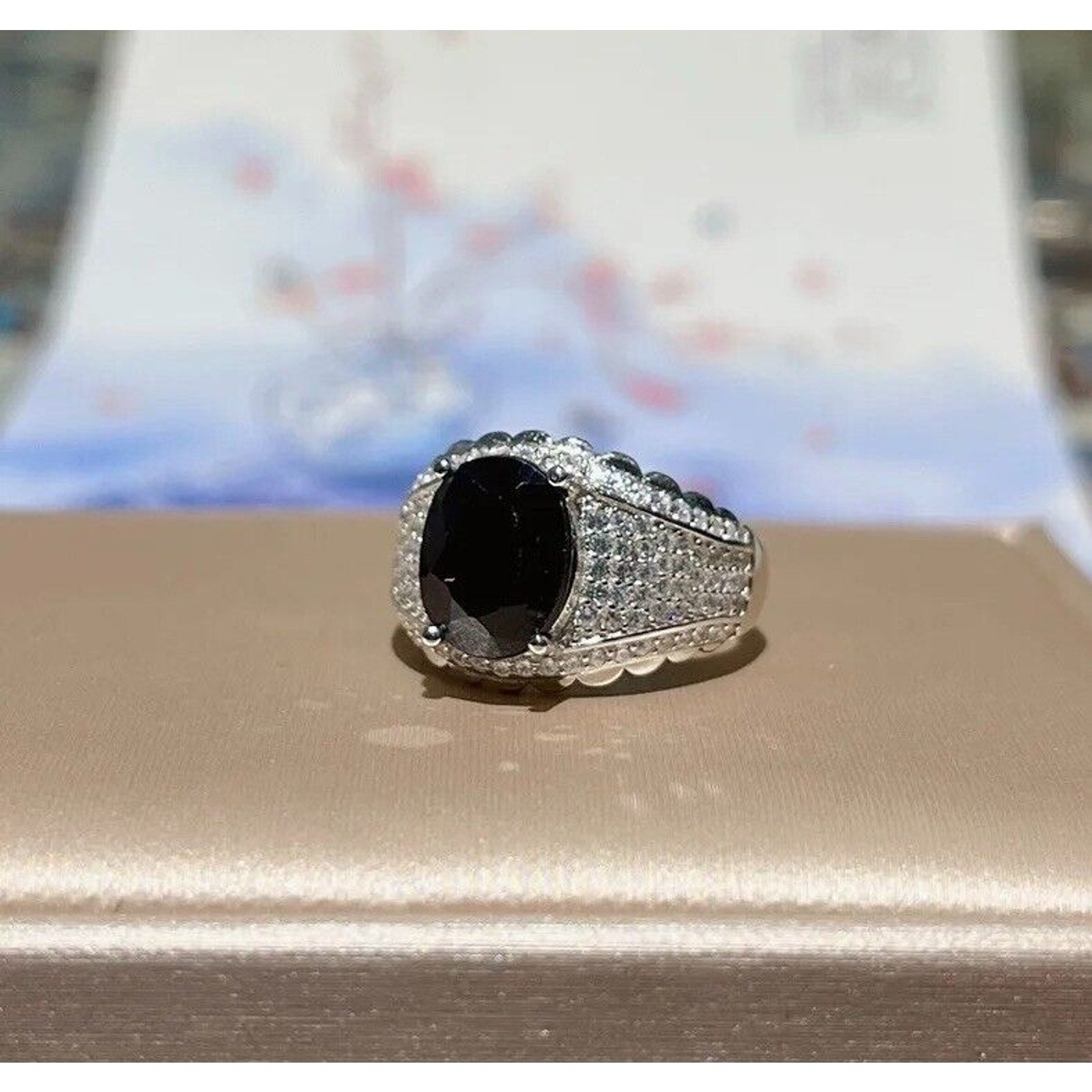 Mens Black Sapphire Cocktail Ring 8x10mm, Mens Sapphire Gemstone Rings