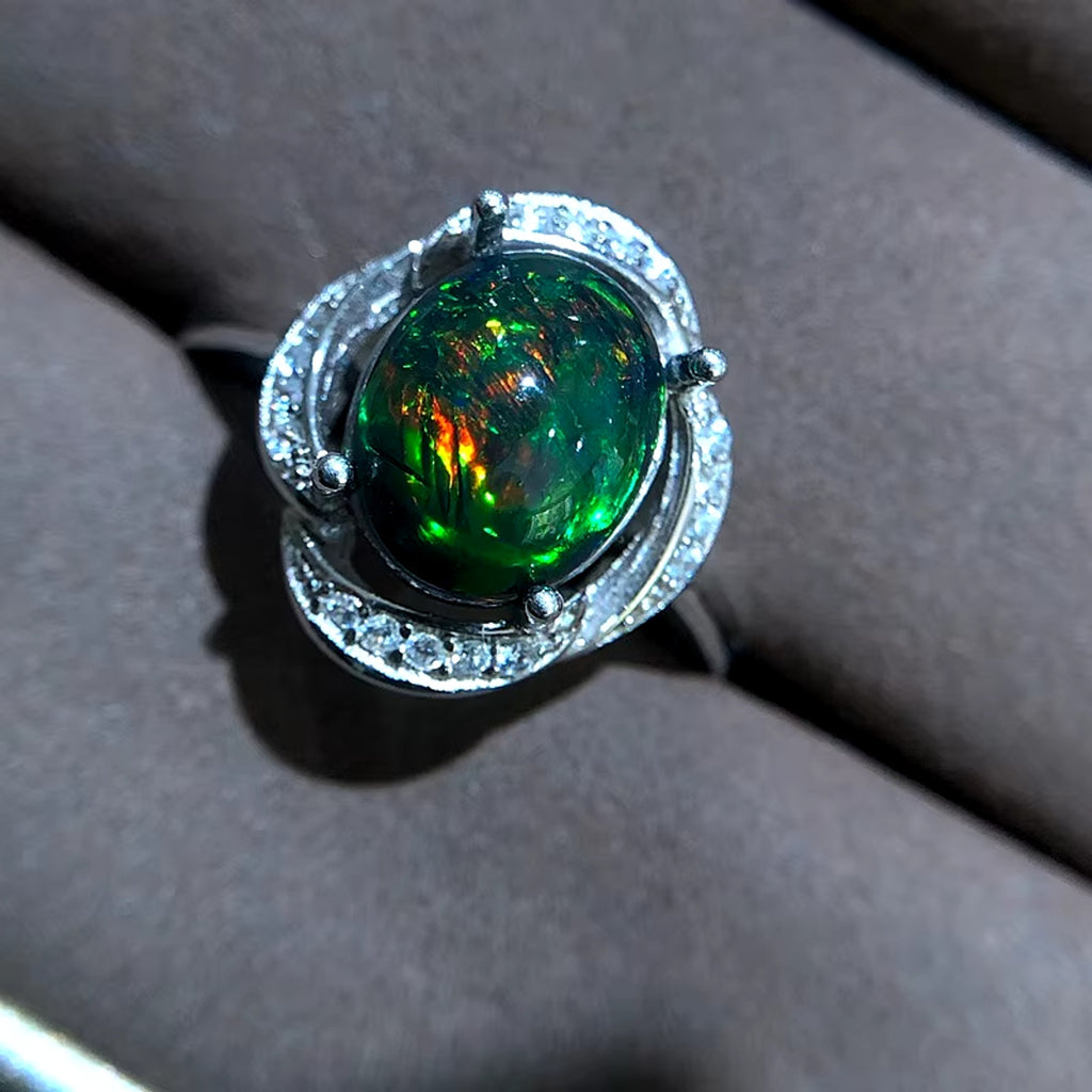 Black Fire Opal Ring, Australian Fire Opal Statement Ring Sterling Silver 8x10mm