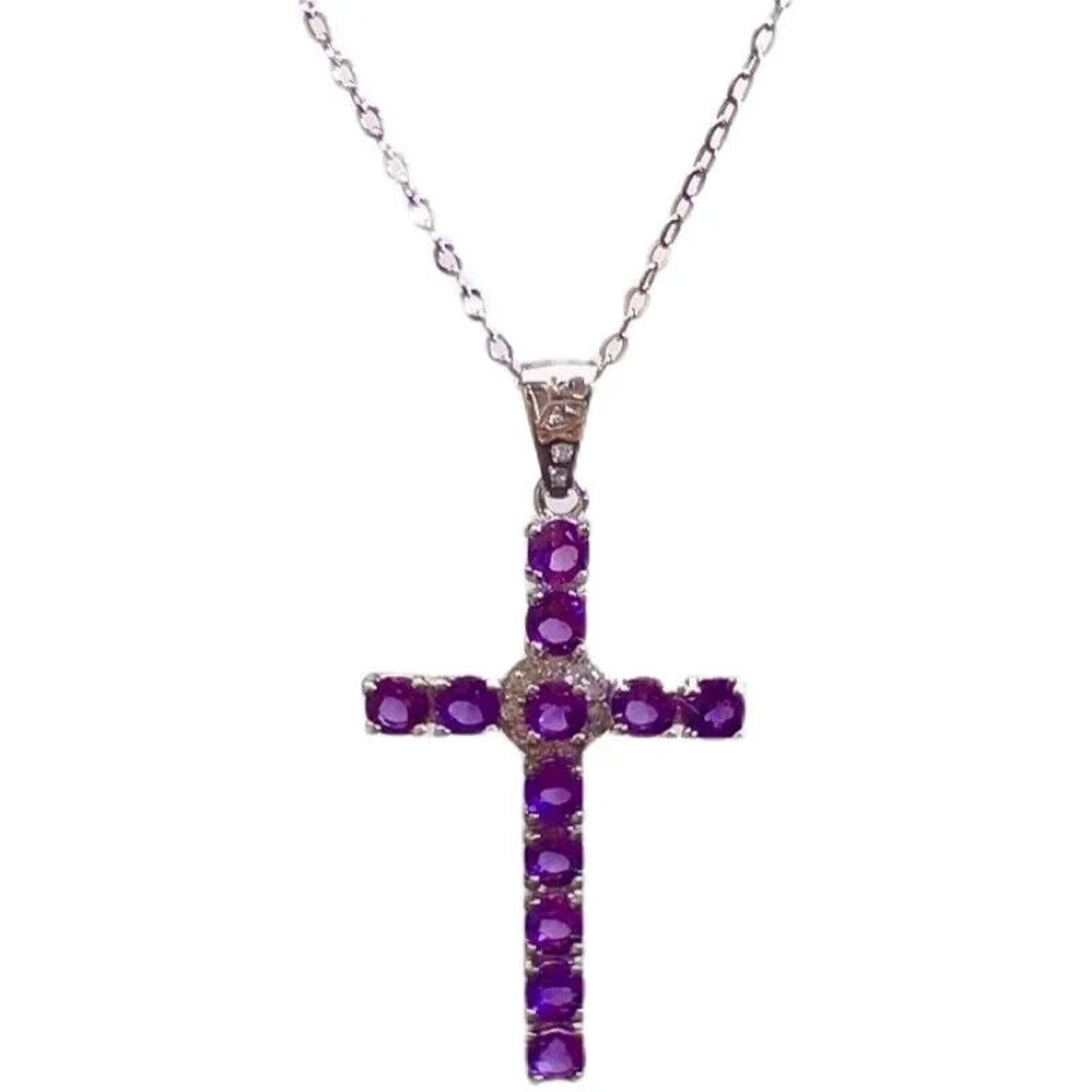 Natural Amethyst Cross Necklace, Gemstone Cross Necklace 925 Sterling Silver