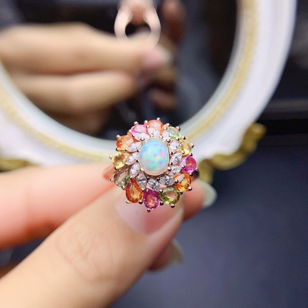 Australian White Opal and Sapphire Statement Ring, Colorful Sapphire and Opal