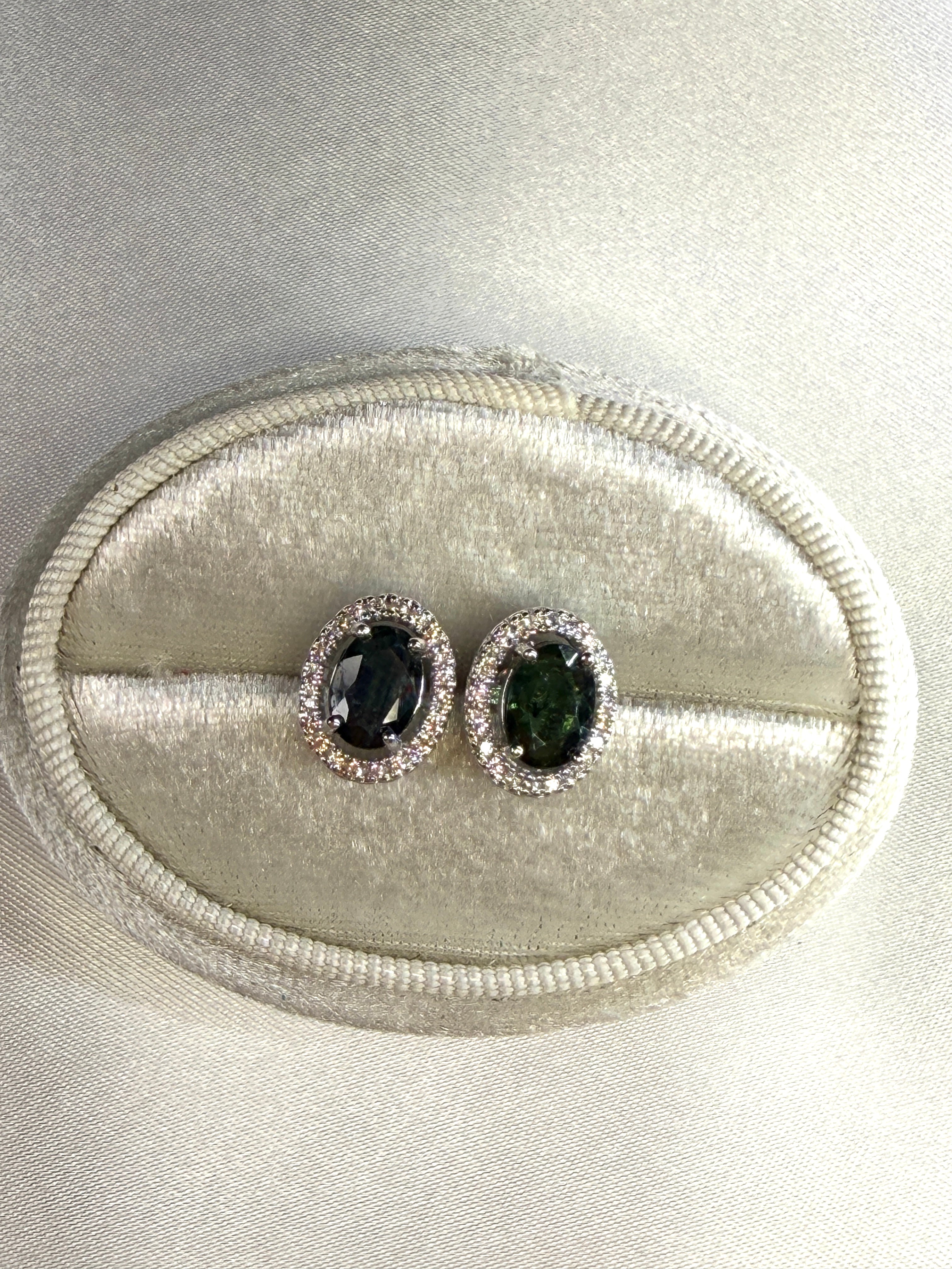 Natural Black Sapphire Stud Earrings 5x7mm Platinum Plated