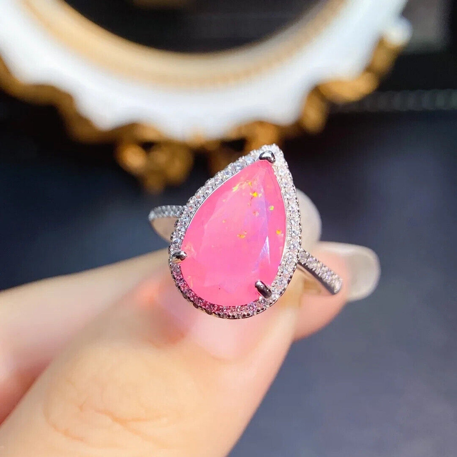 Pink Fire Opal Pear Cut Statement Ring, Natural Pink Fire Opal Gemstone Ring