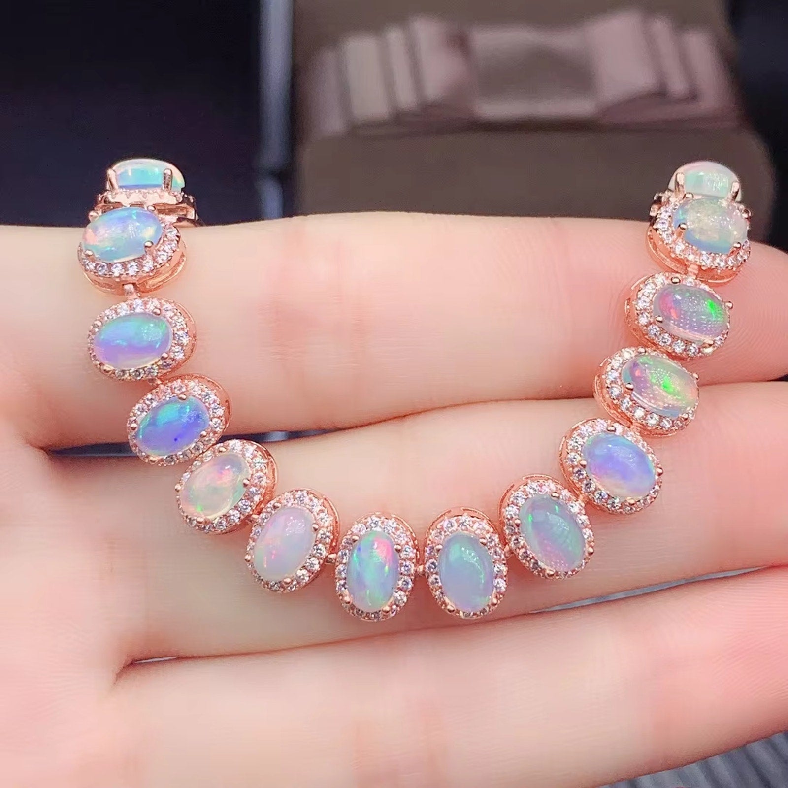 Fire Opal Bracelet, Natural Opal Tennis Bracelet 925 Sterling Silver