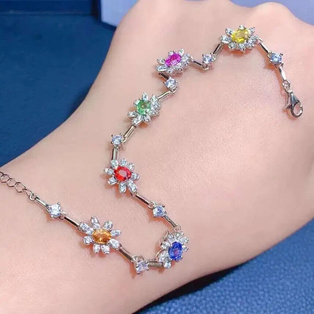 Colorful Dainty Sapphire Flower Tennis Bracelet, Natural Sapphire Gemstone
