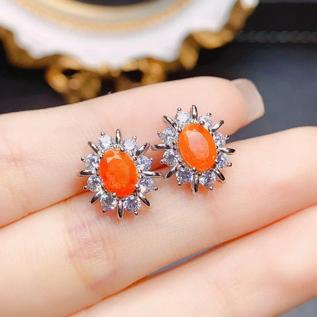 Orange Fire Opal Stud Earrings 5x7mm, Natural Orange Fire Opal Earrings