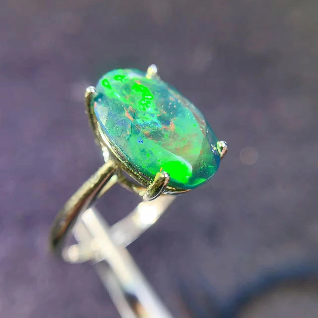 Faceted Black Opal Ring, Australian Fire Opal Statement Ring Sterling Silver