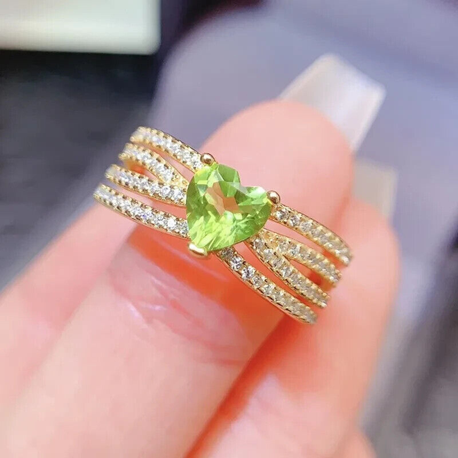 Natural Peridot Gemstone Heart Ring 6mm, August Birthstone Peridot Ring