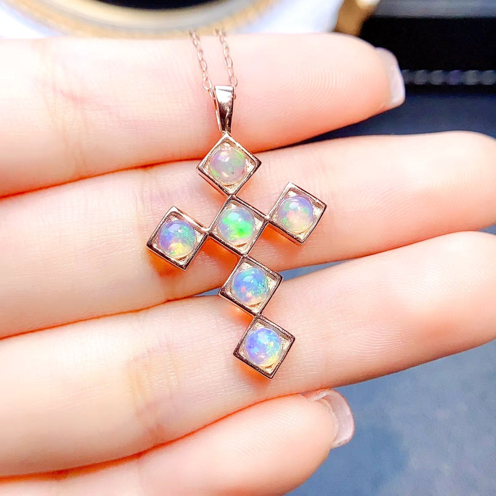 Natural Fire Opal Cross Necklace, Opal Cross Necklace 925 Stelring Silver 4mm