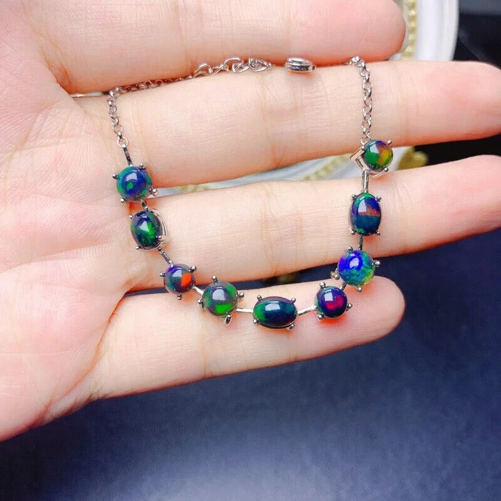 Black Fire Opal Bracelet 925 Sterling Silver, Black Opal Chain Bracelet