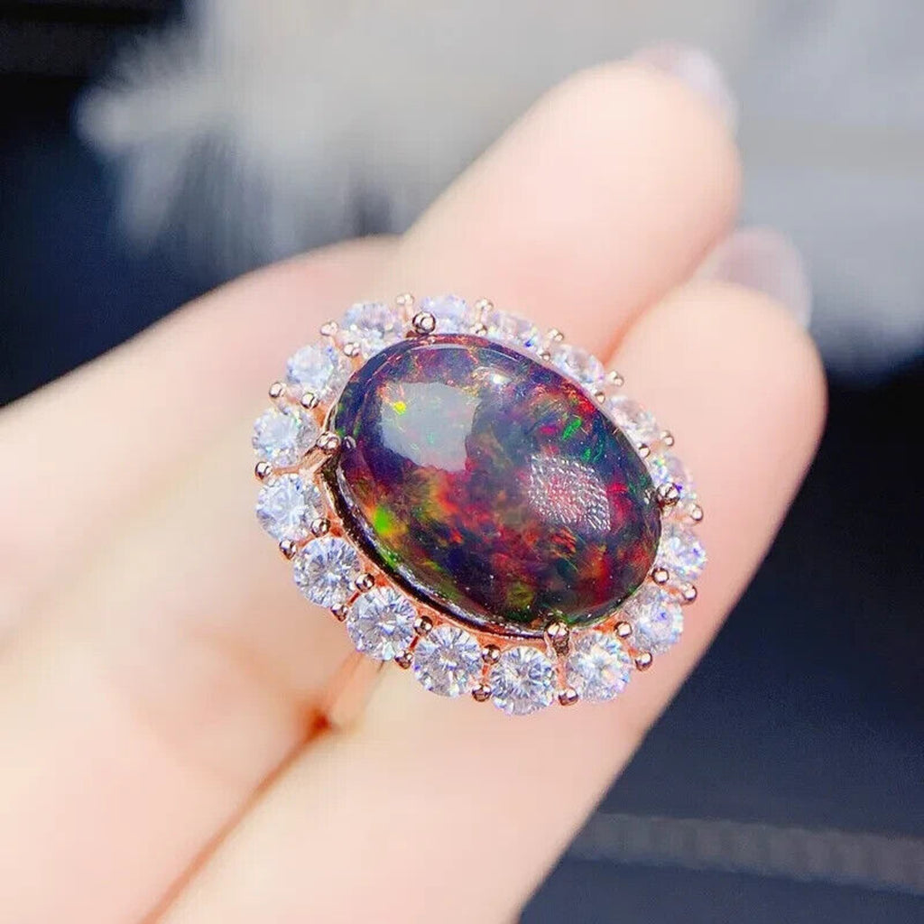 Huge Black Fire Opal Statement Ring 12x16mm 7CT, Natural Fire Opal Ring