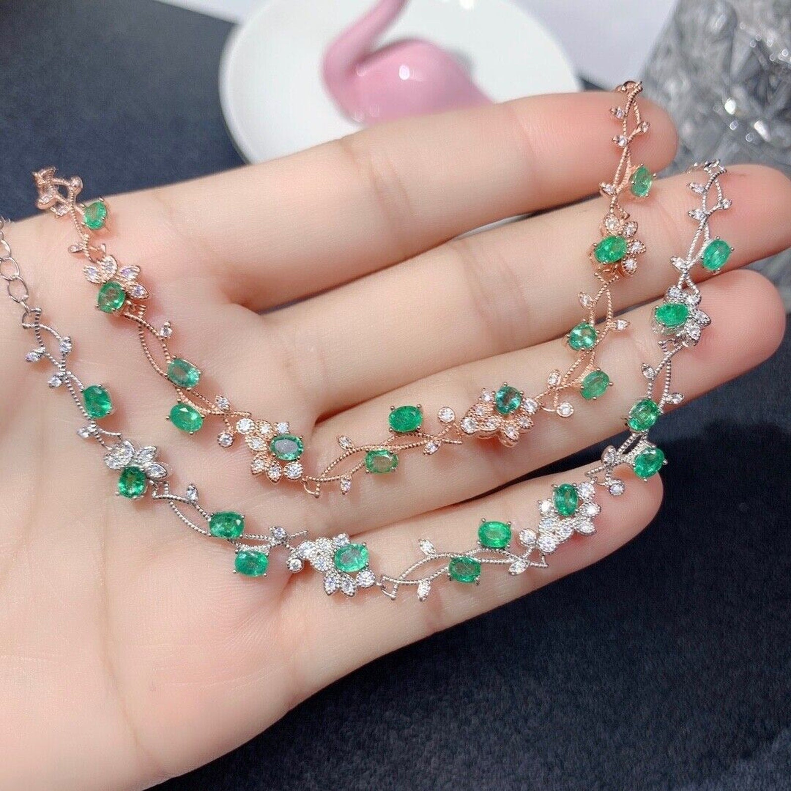 Colombian Emerald Dainty Floral Bracelet on 925 Sterling Silver, 12pc 3x4mm