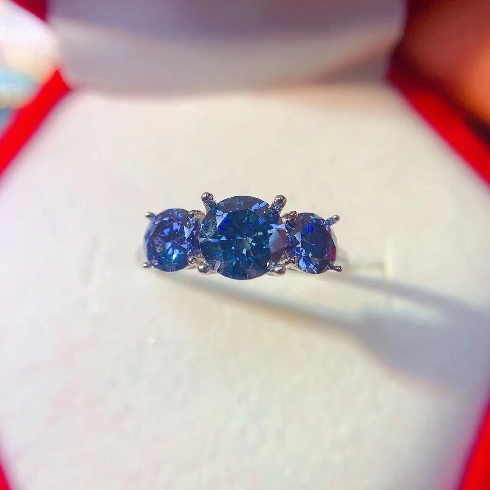VVS1 Blue Moissanite 3 Stone Ring 925 Sterling Silver