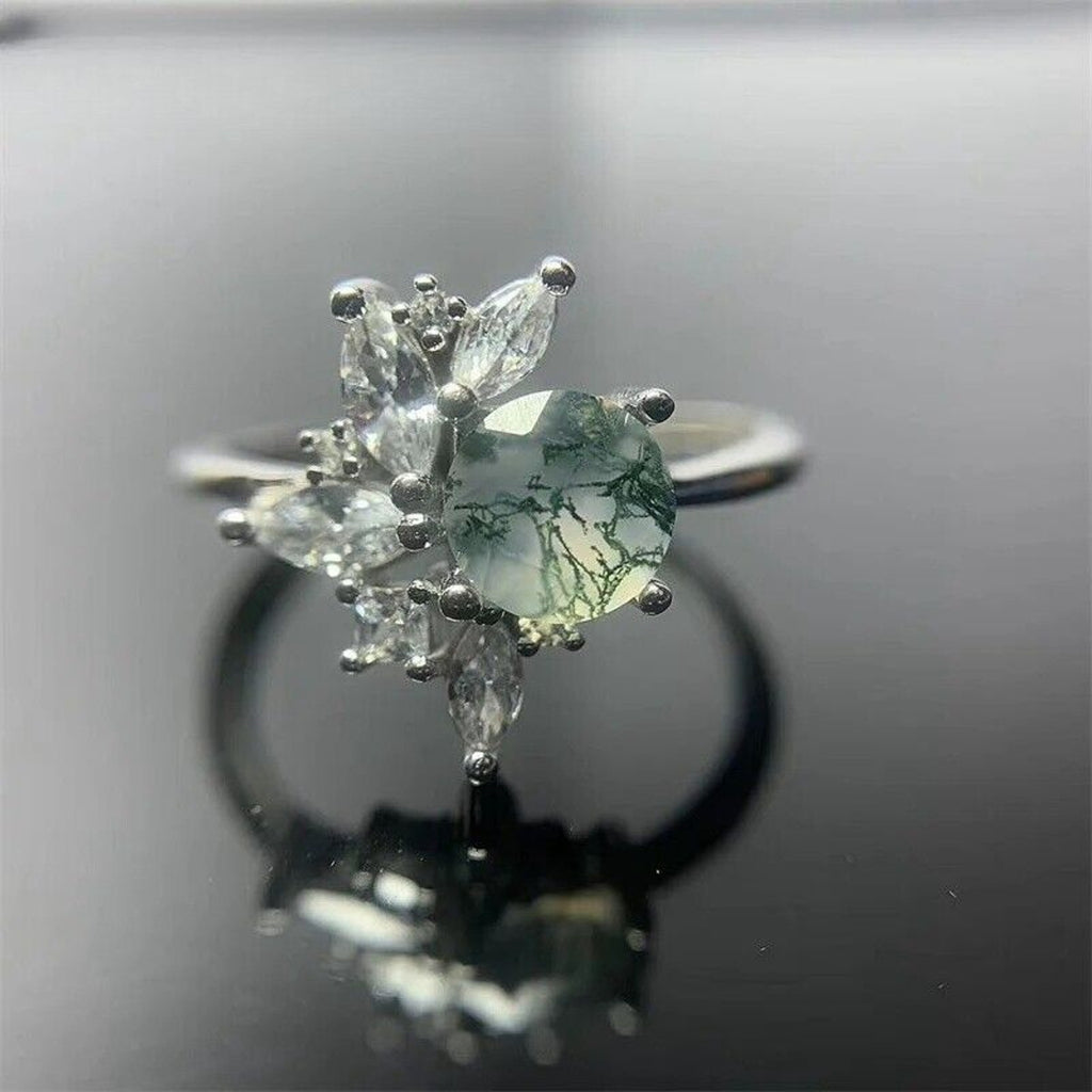 Moss Agate Cluster Ring, Natural Moss Agate Cocktail Ring, Green Moss Agate