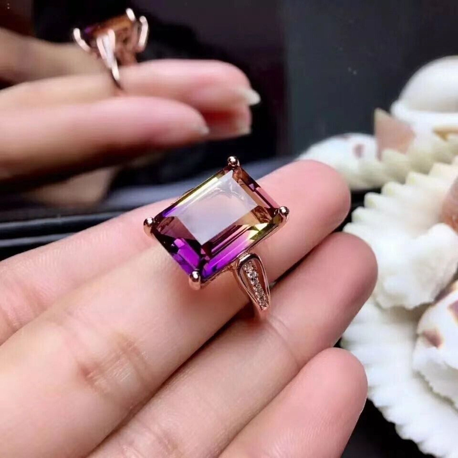 Natural Amethyst Ametrine Ring 10x14mm, Large Ametrine Ring 925 Sterling Silver