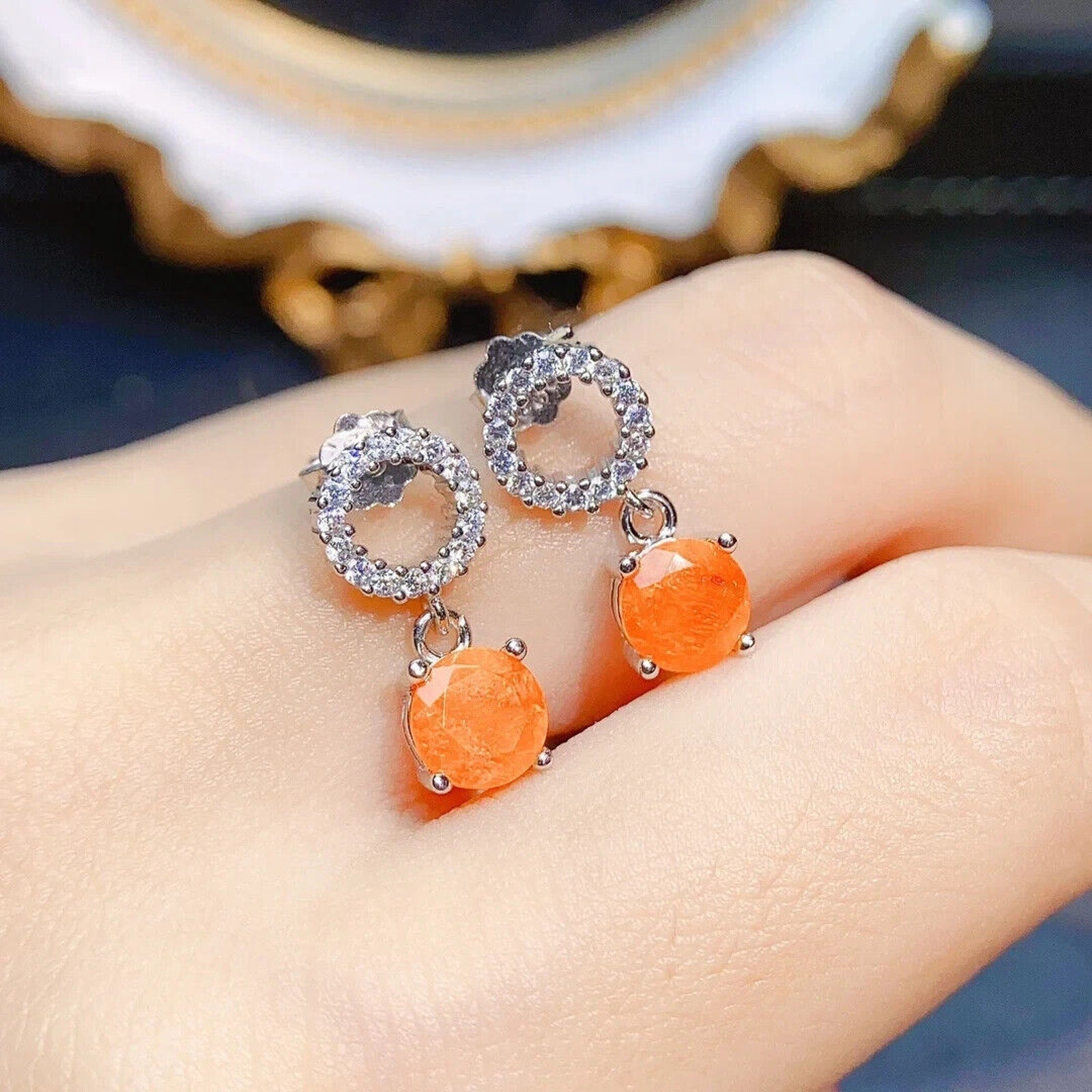 Orange Fire Opal Dangle Earrings 6mm, Natural Orange Fire Opal Earrings