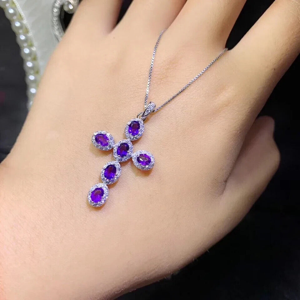 Purple Amethyst Cross Necklace, Natural Amethyst Cross Pendant 925 Sterling