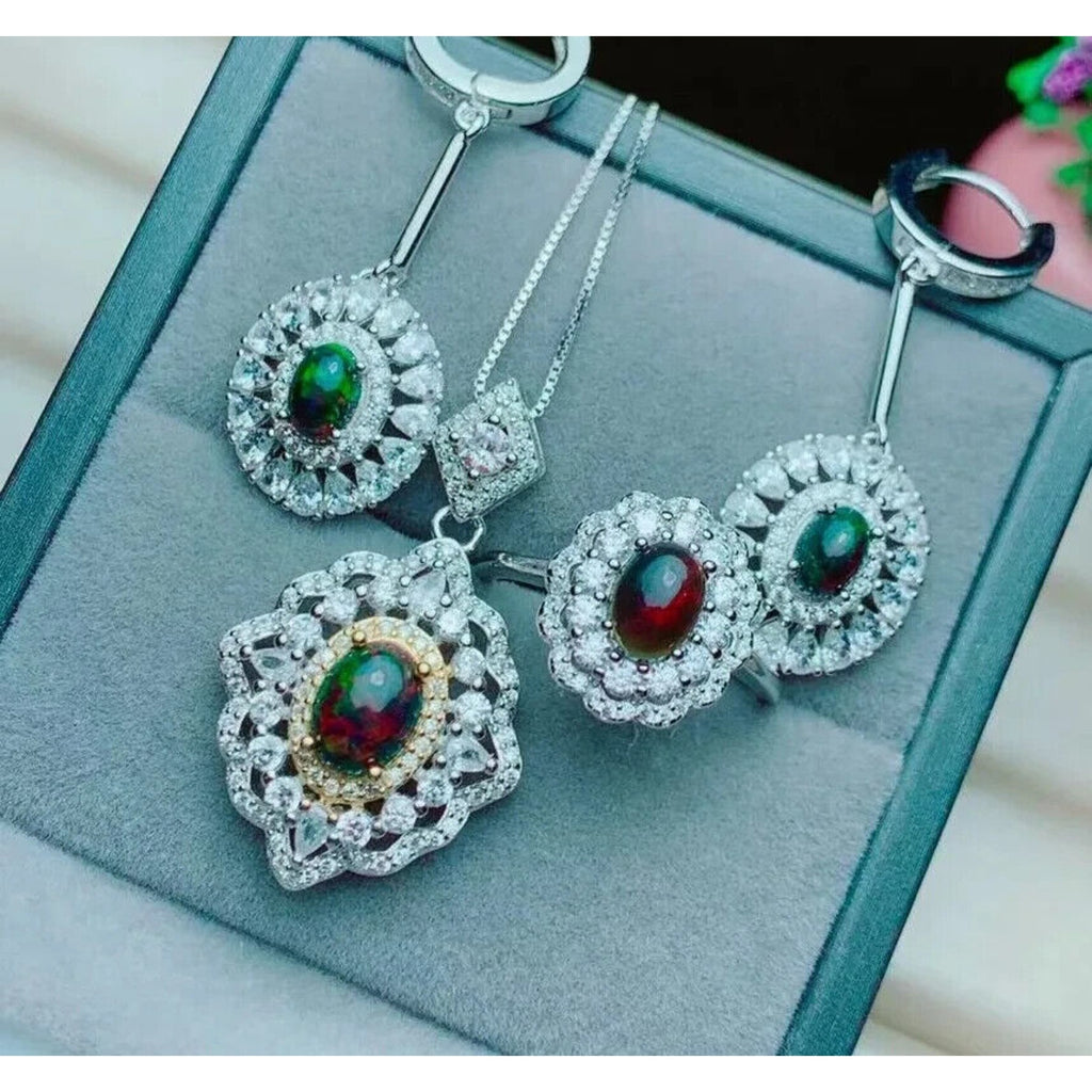 Natural Black Opal Jewelry Set, Black Opal Statement Necklace and Ring