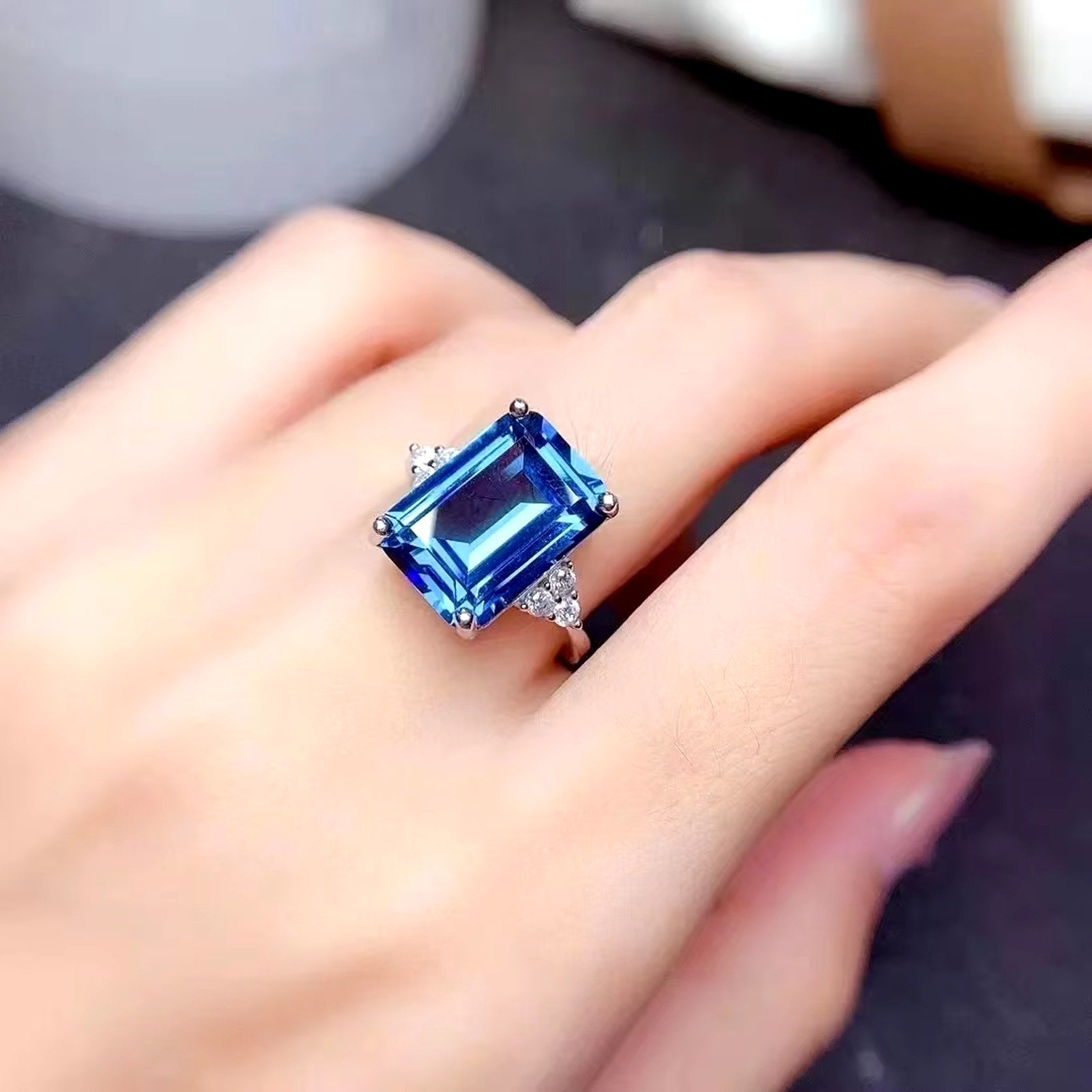 Emerald Cut London Blue Topaz Ring 925 Sterling Silver, Blue Topaz 10x14mm