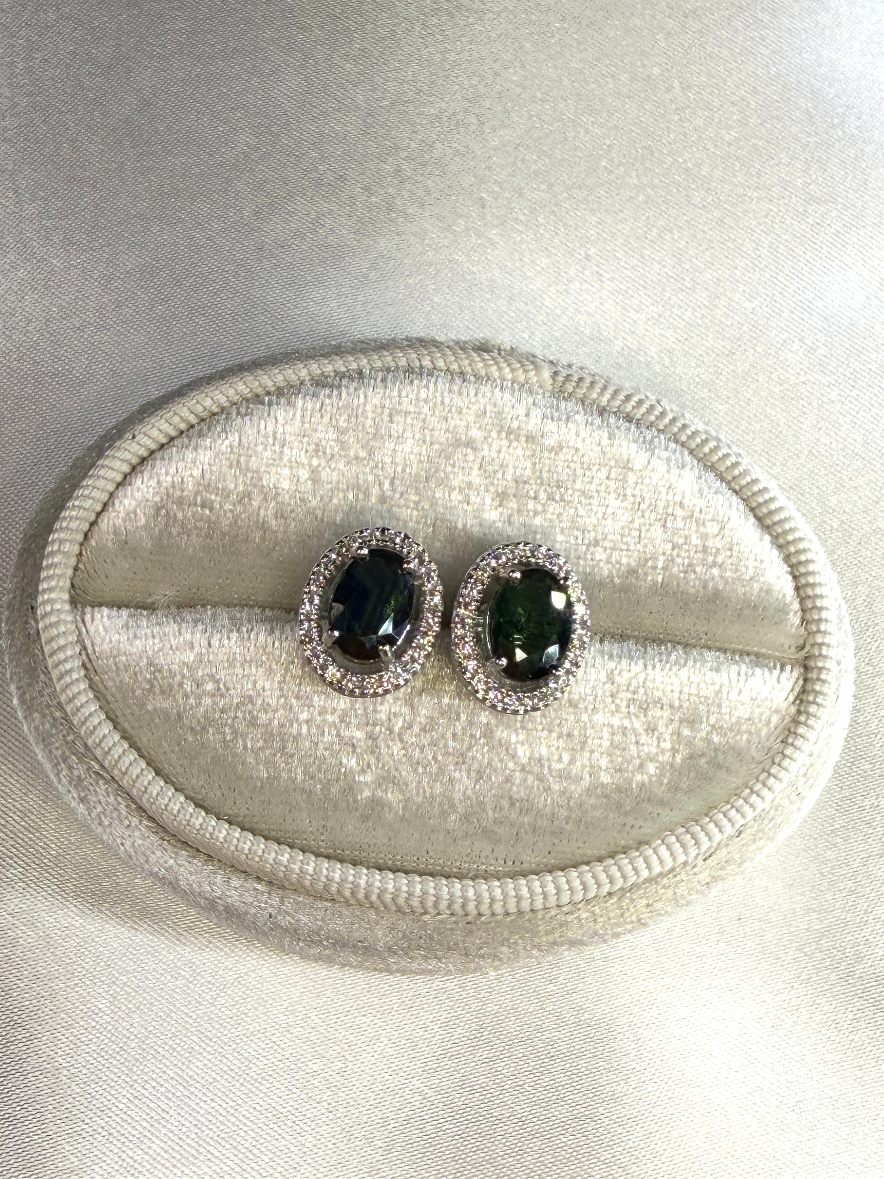 Natural Black Sapphire Stud Earrings 5x7mm Platinum Plated