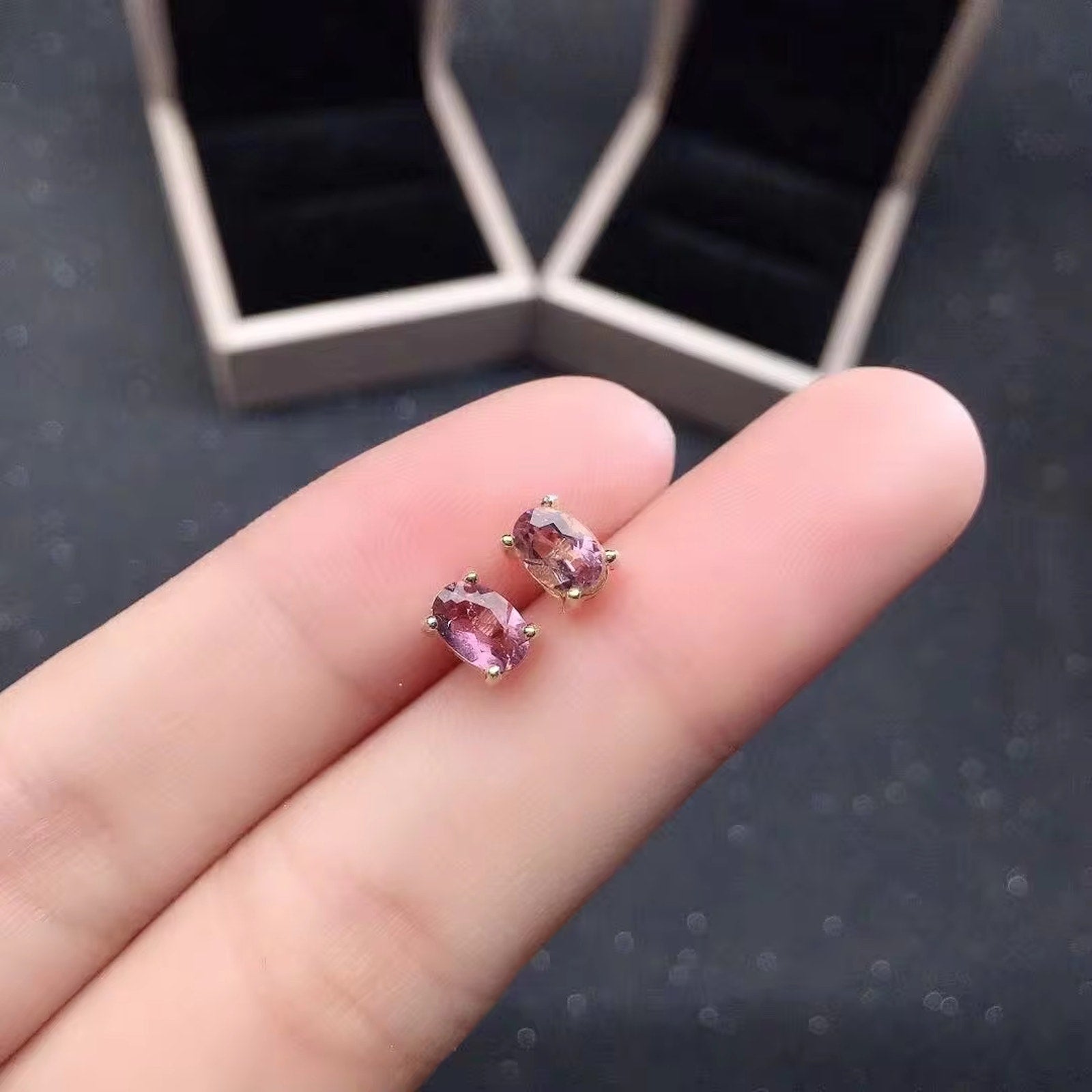 Pink Tourmaline Stud Earrings, Dainty Pink Tourmaline Earrings 4x6mm Silver