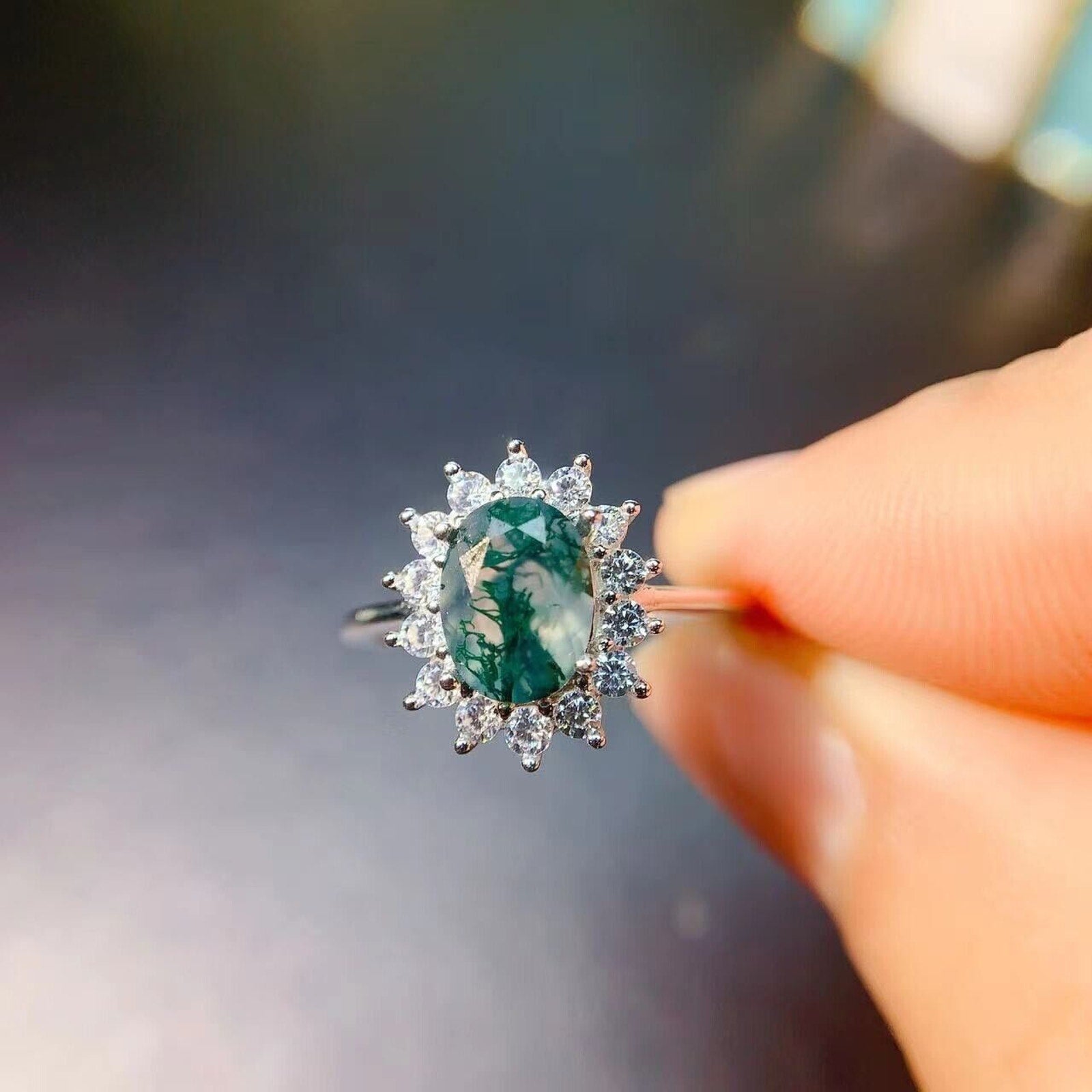 6x8mm Moss Agate Cocktail Ring 925 Sterling Silver