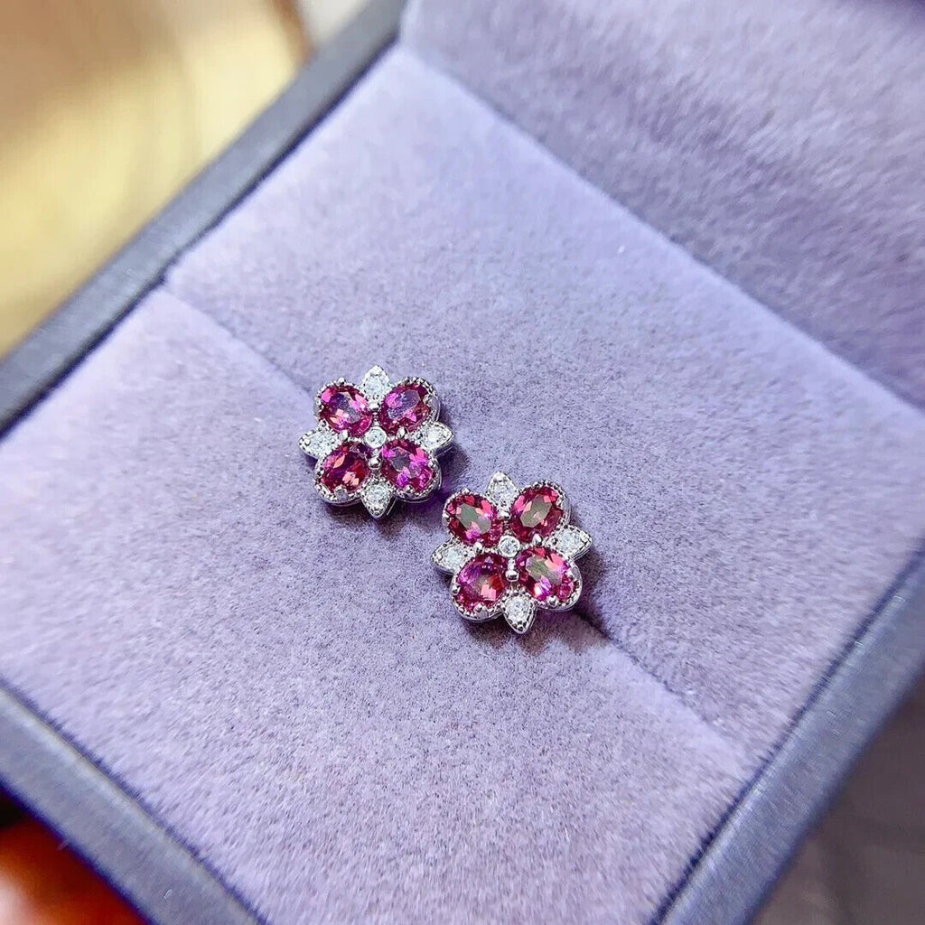 Pink Topaz Flower Cluster Earrings, Pink Topaz Stud Earrings 3x4mm 925 Sterling