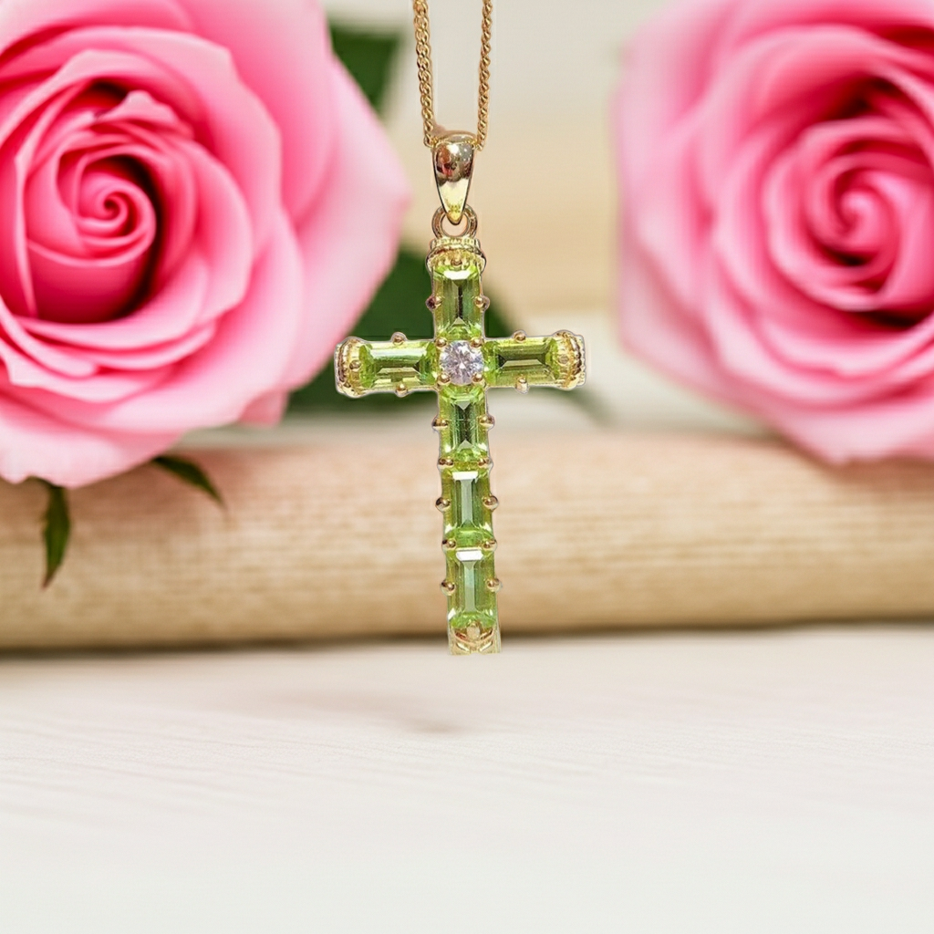 August Birthstone Peridot Gemstone Cross Necklace 3x5mm