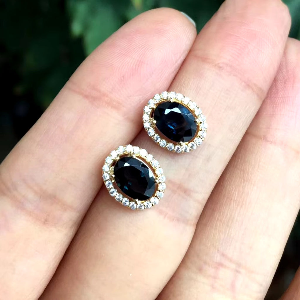 Natural Black Sapphire Stud Earrings 5x7mm Platinum Plated