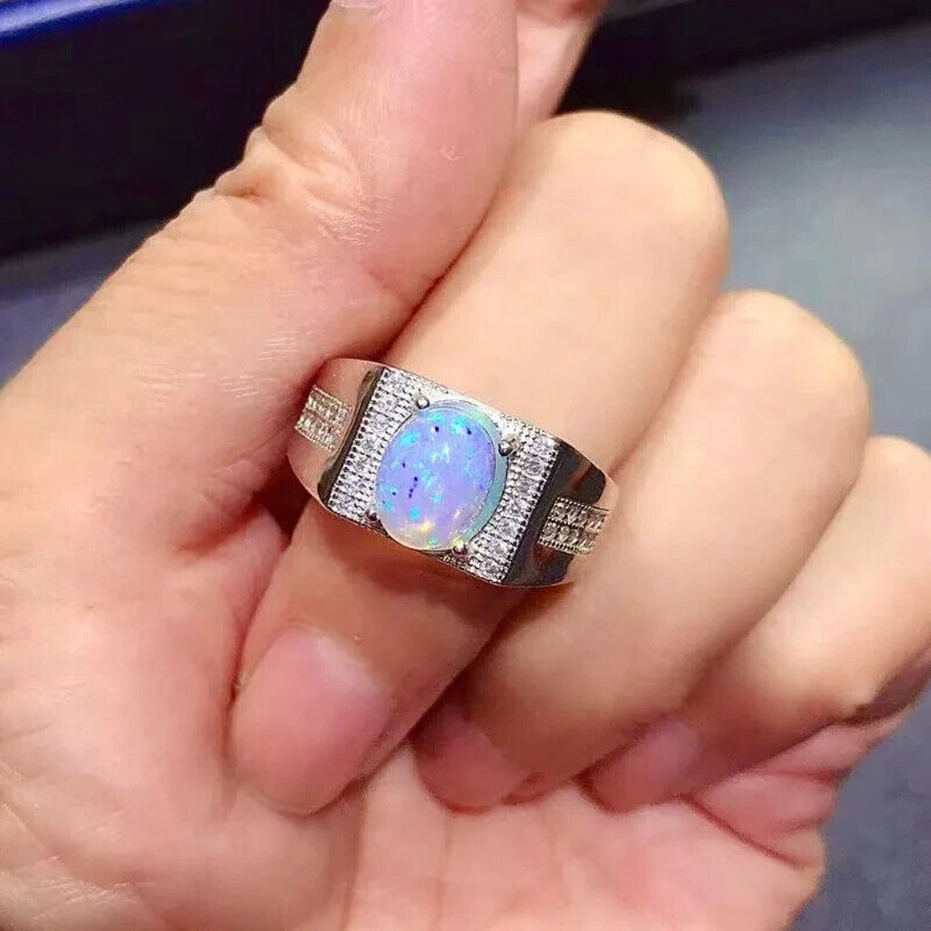 Men's White Fire Opal Cocktail Ring 8x10mm, Men's Natural Opal Ring