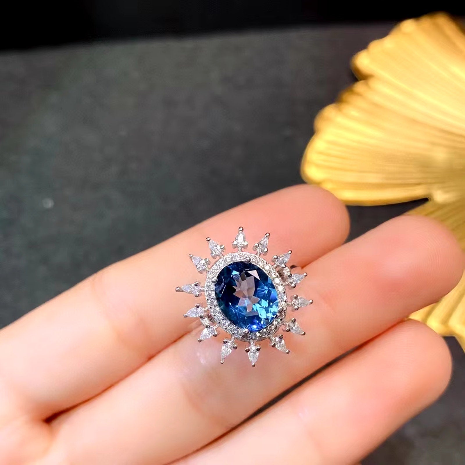 London Blue Topaz Ring, Natural London Blue Topaz Gemstone Ring 8x10mm