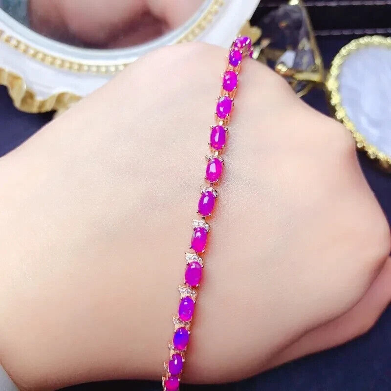 Purple Fire Opal Bracelet, Natural Fire Opal Tennis Bracelet Purple Opal