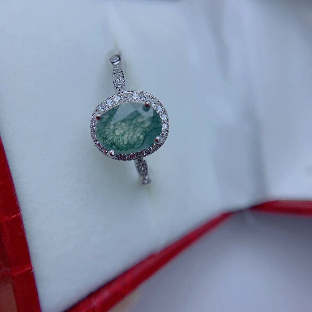 Moss Agate 925 Sterling Silver Ring, 6x8 Natural Moss Agate