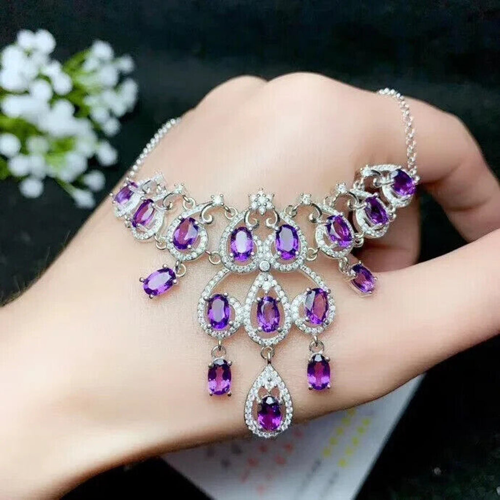 Amethyst Statement Necklace, Natural Amethyst Gemstone Necklace 925 Sterling