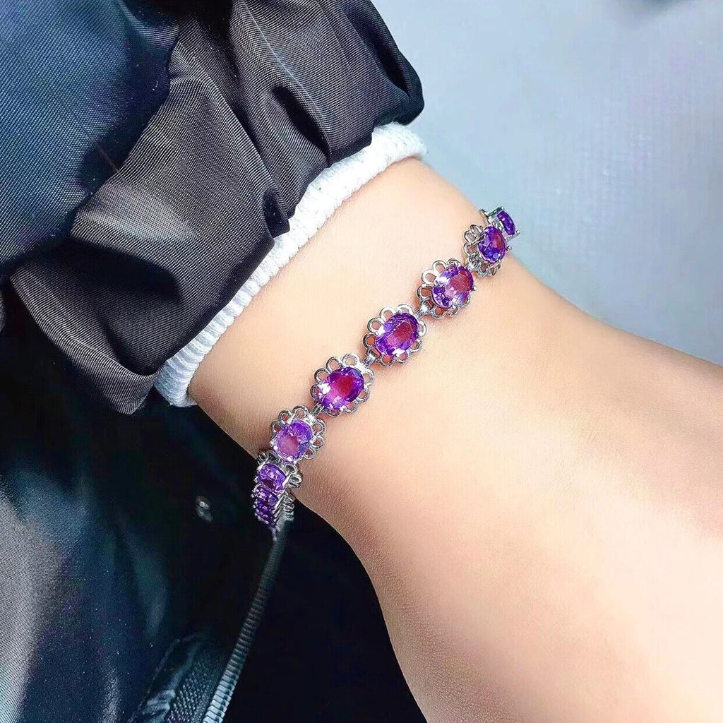 Amethyst Tennis Bracelet, Natural Amethyst Flower Bracelet 5x7mm Sterling Silver