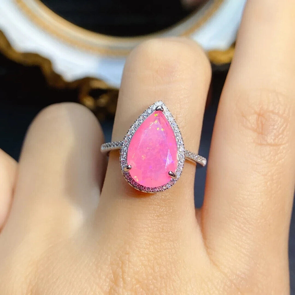 Pink Fire Opal Pear Cut Statement Ring, Natural Pink Fire Opal Gemstone Ring