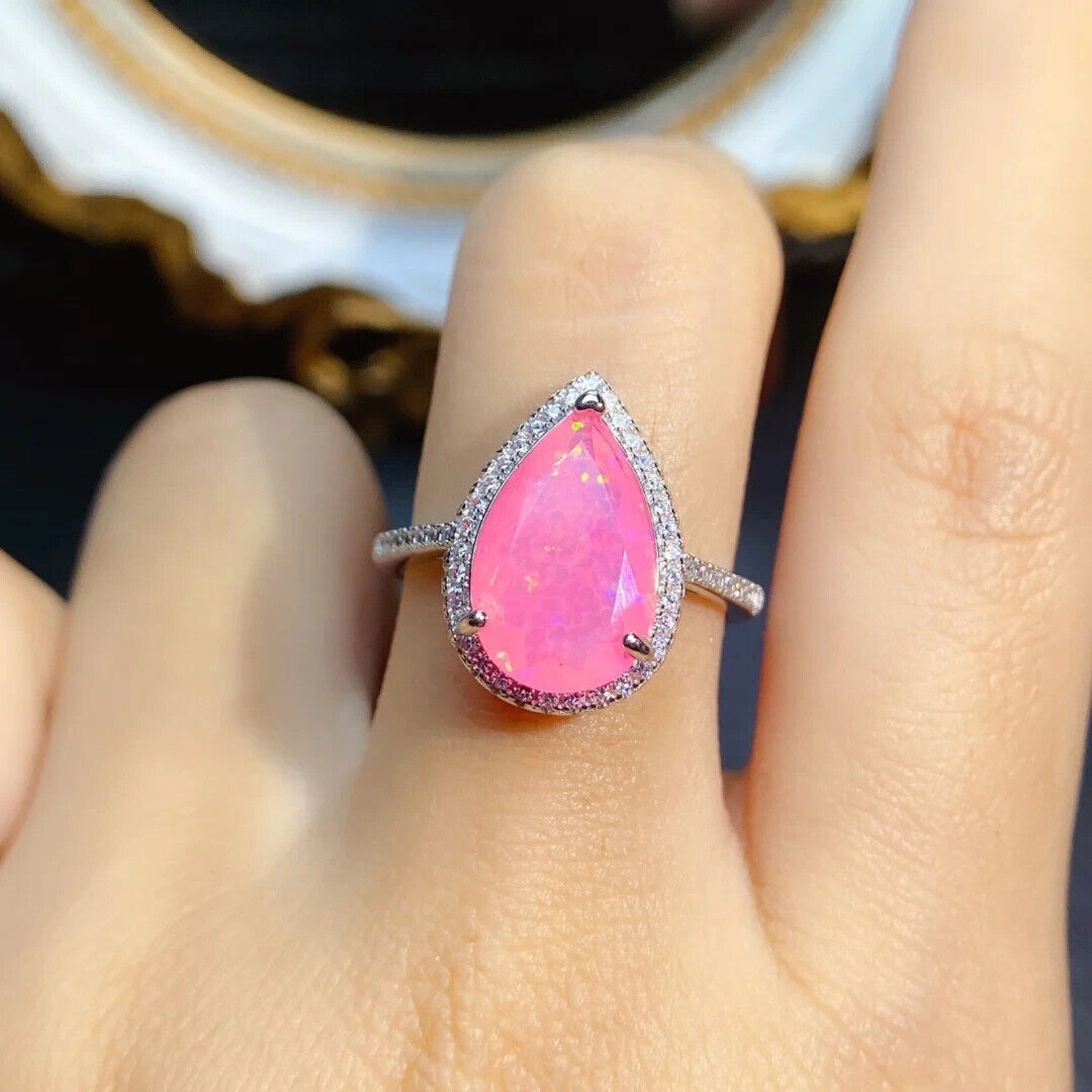 Pink Fire Opal Pear Cut Statement Ring, Natural Pink Fire Opal Gemstone Ring