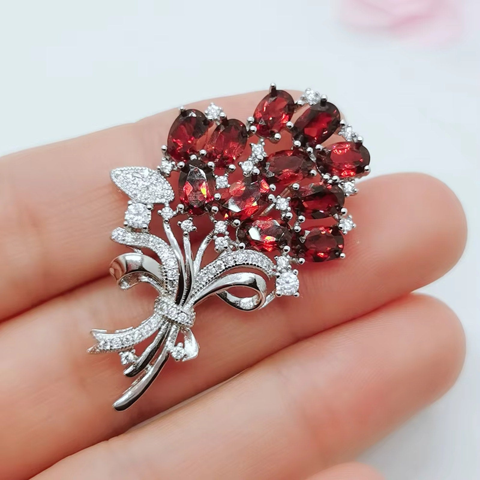 Natural Garnet Flower Bouquet Brooch Pin, Garnet Gemstone Brooch