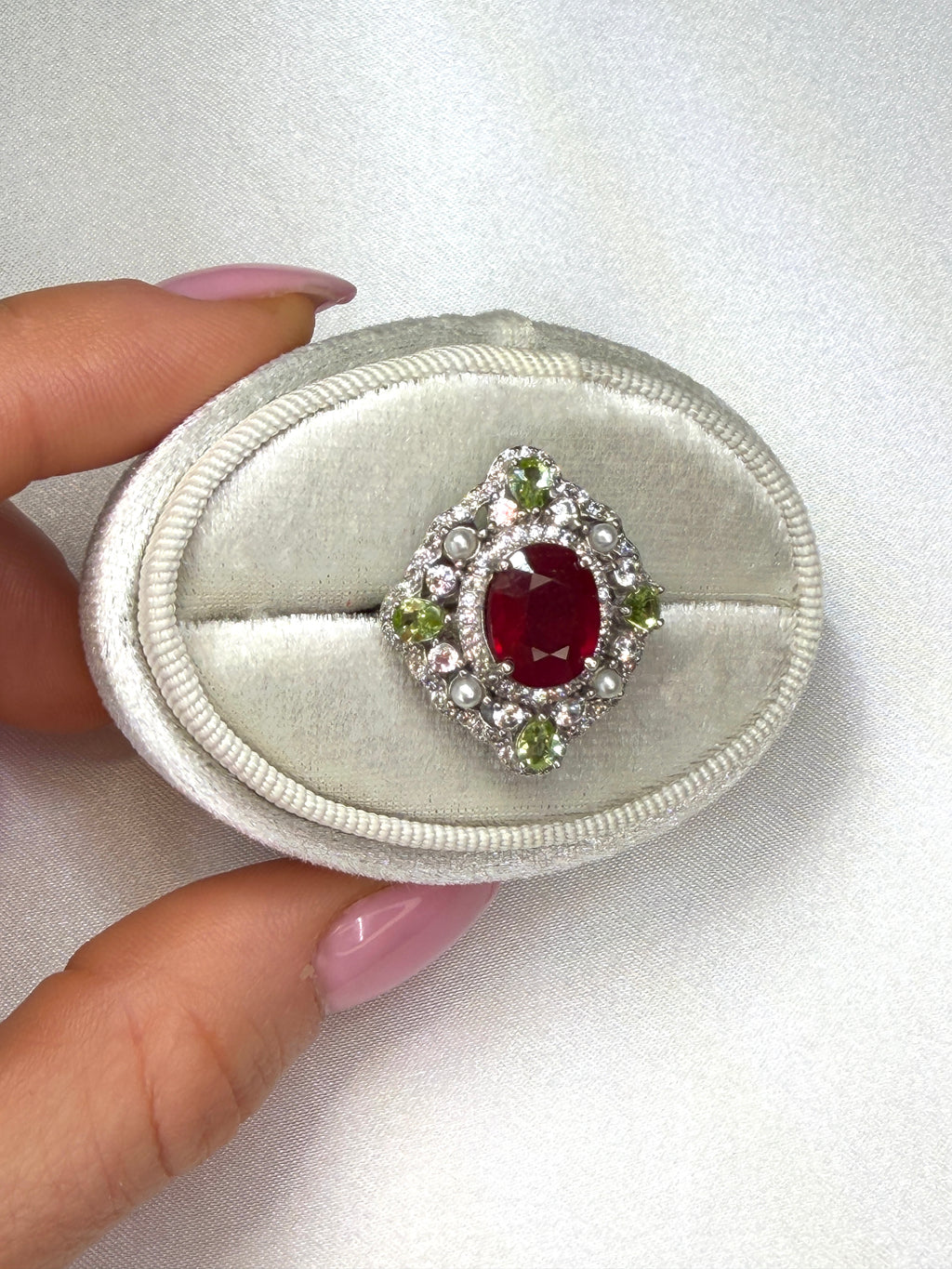 Natural Burma Ruby and Peridot Gemstone Statement Ring