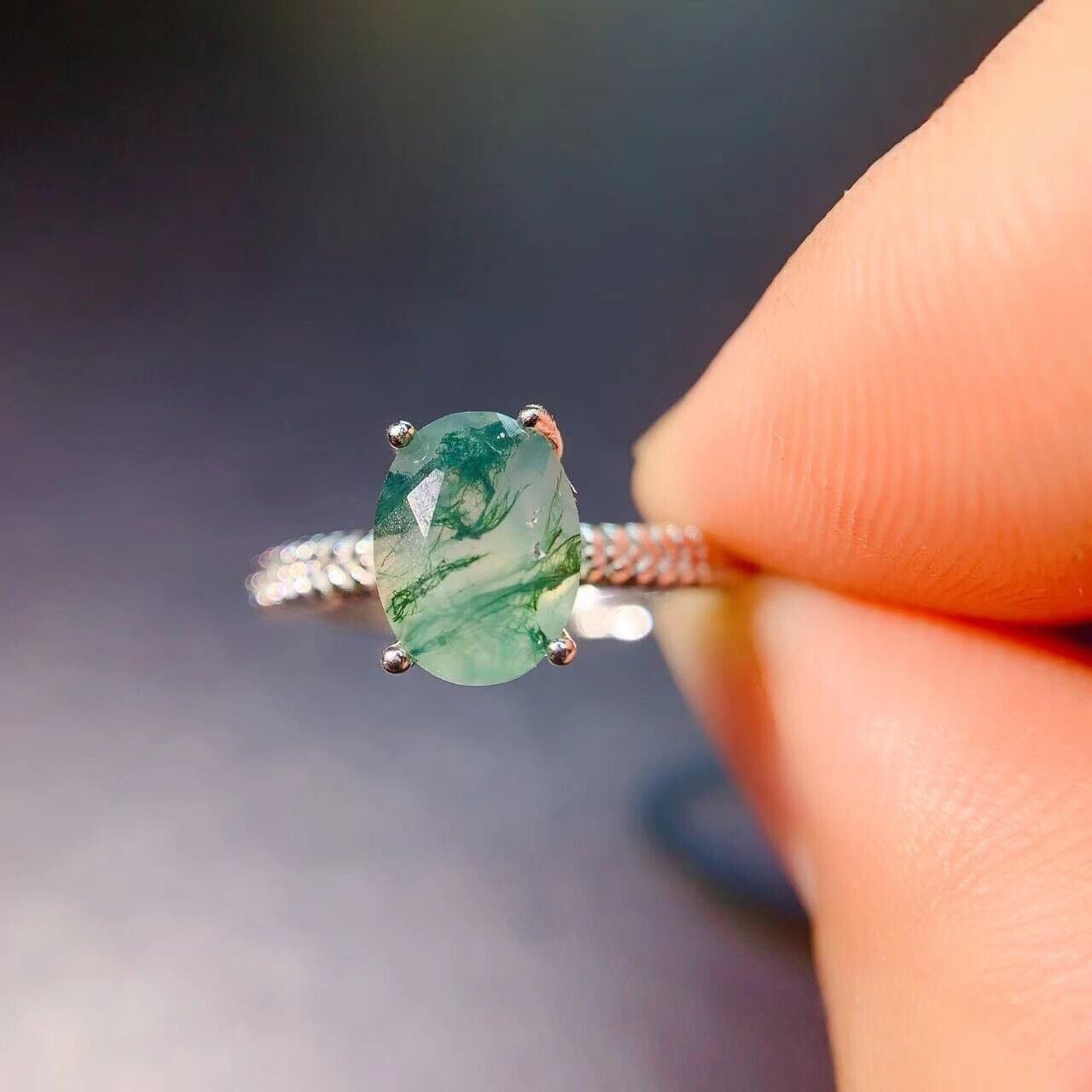 Moss Agate Cocktail Ring 6x8mm 925 Sterling Silver