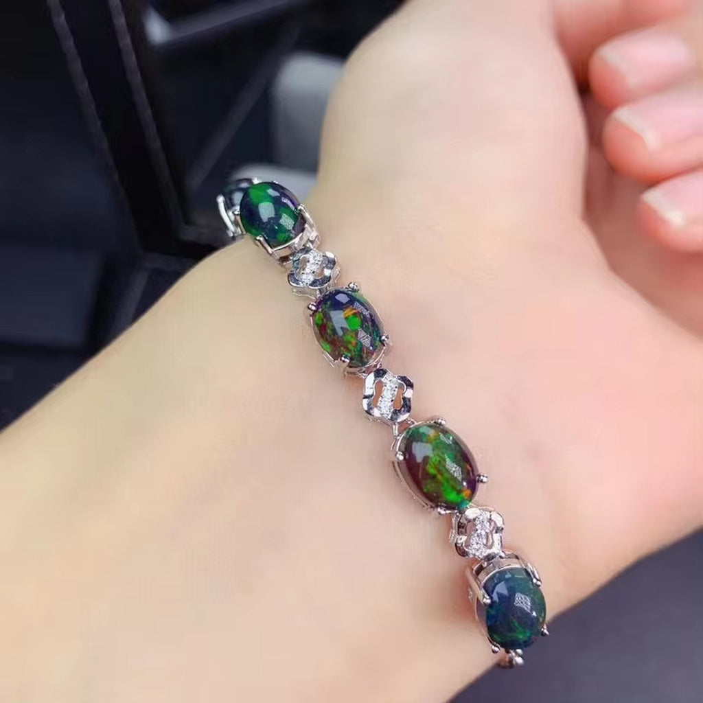 Black Fire Opal Bracelet 925 Sterling Silver, Black Opal Chain Bracelet 6x8mm