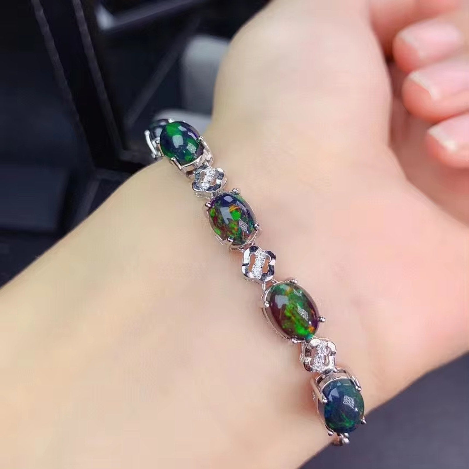 Black Fire Opal Bracelet 925 Sterling Silver, Black Opal Chain Bracelet 6x8mm