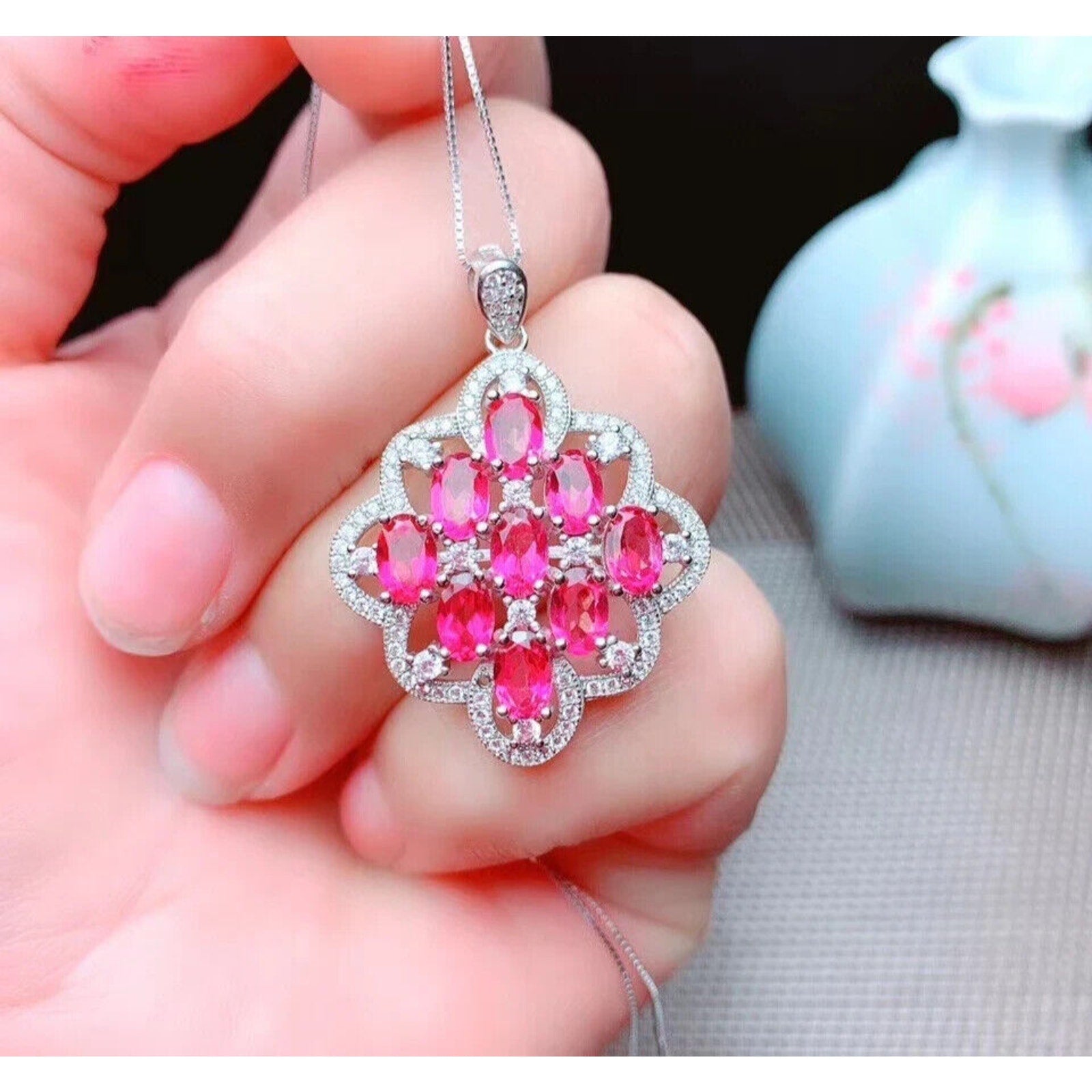 Pink Topaz Pendant Necklace, Natural Pink Topaz Gemstone Necklace Sterling