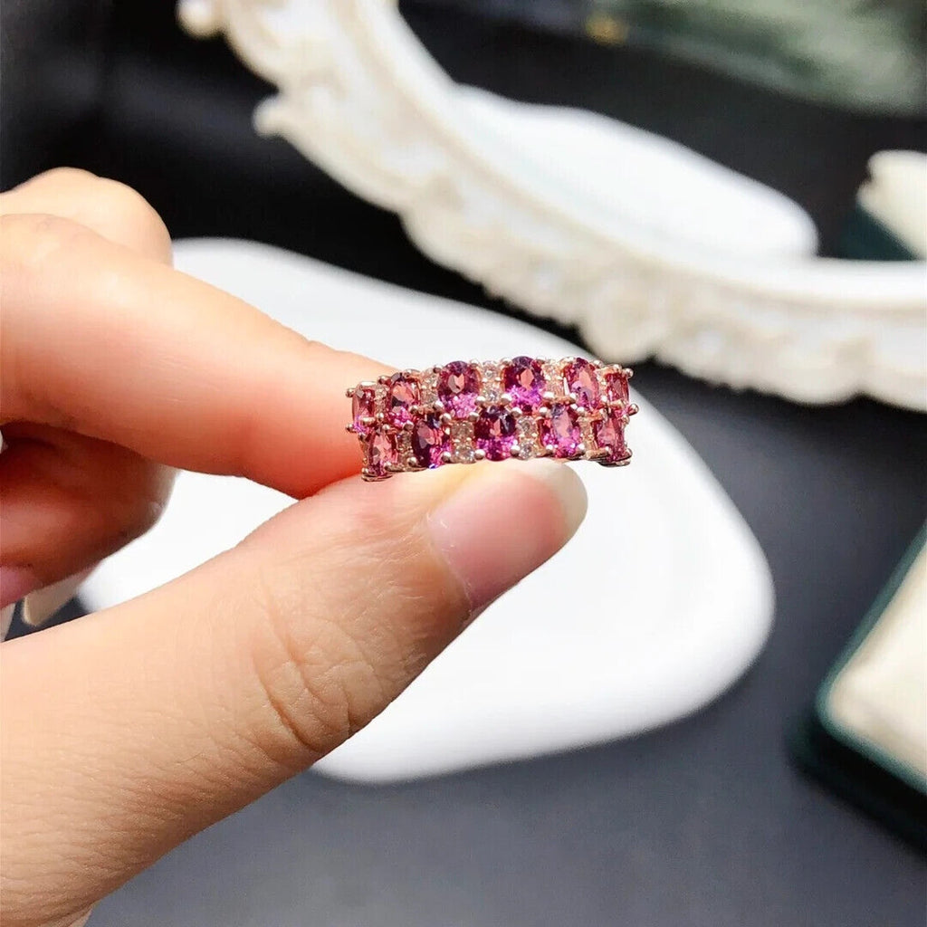 Natural Pink Garnet Double Layer Band Ring 3x4mm Platinum Plated Sterling
