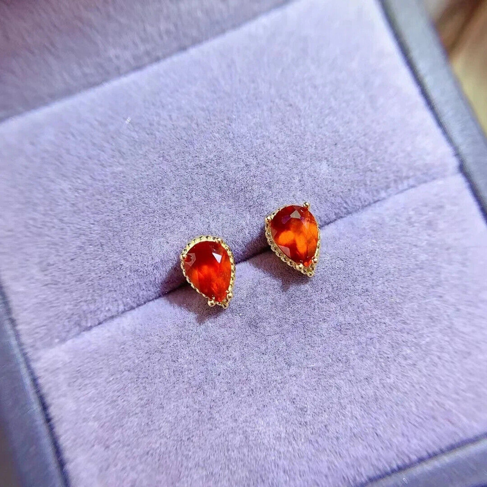 Natural Orange Garnet Stud Earrings 5x7mm Platinum Plated, Garnet Stud Earrings
